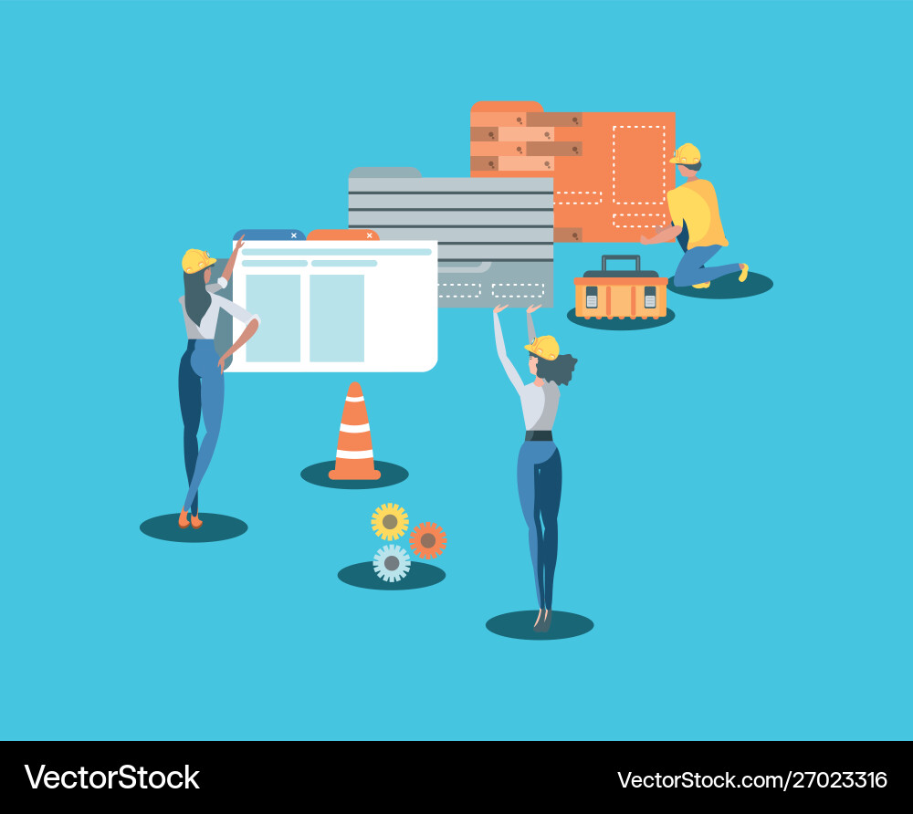 Buiders and data folder with webpage under vector image