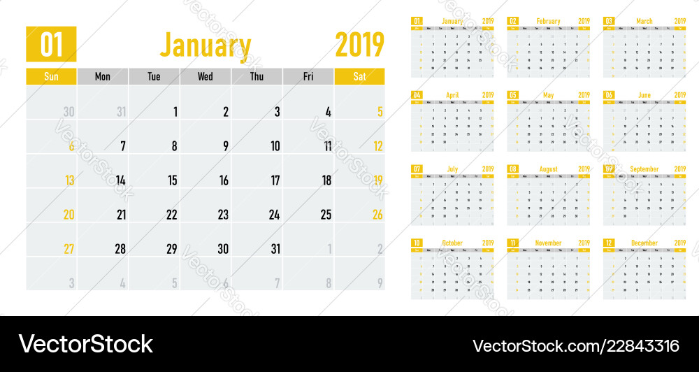 Calendar planner 2019 template Calendar planner 2019 template vector image