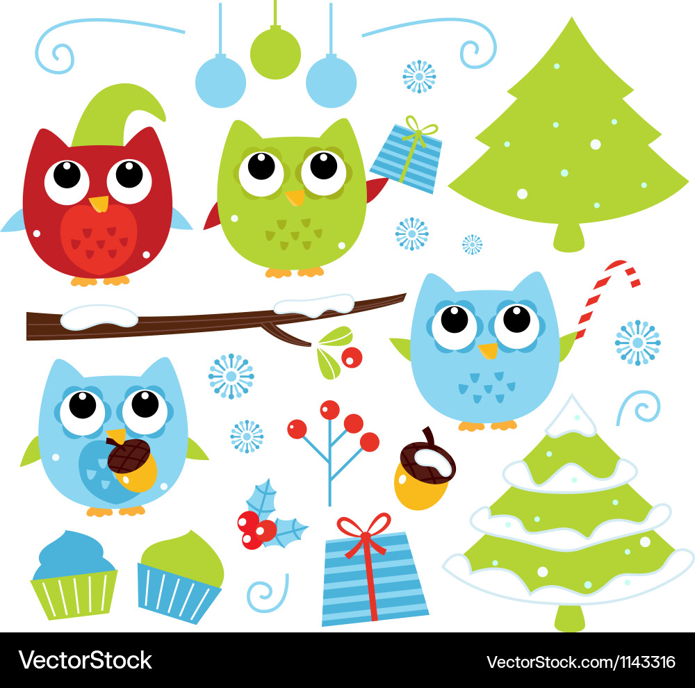 Christmas Owls and Decorations Vector Image