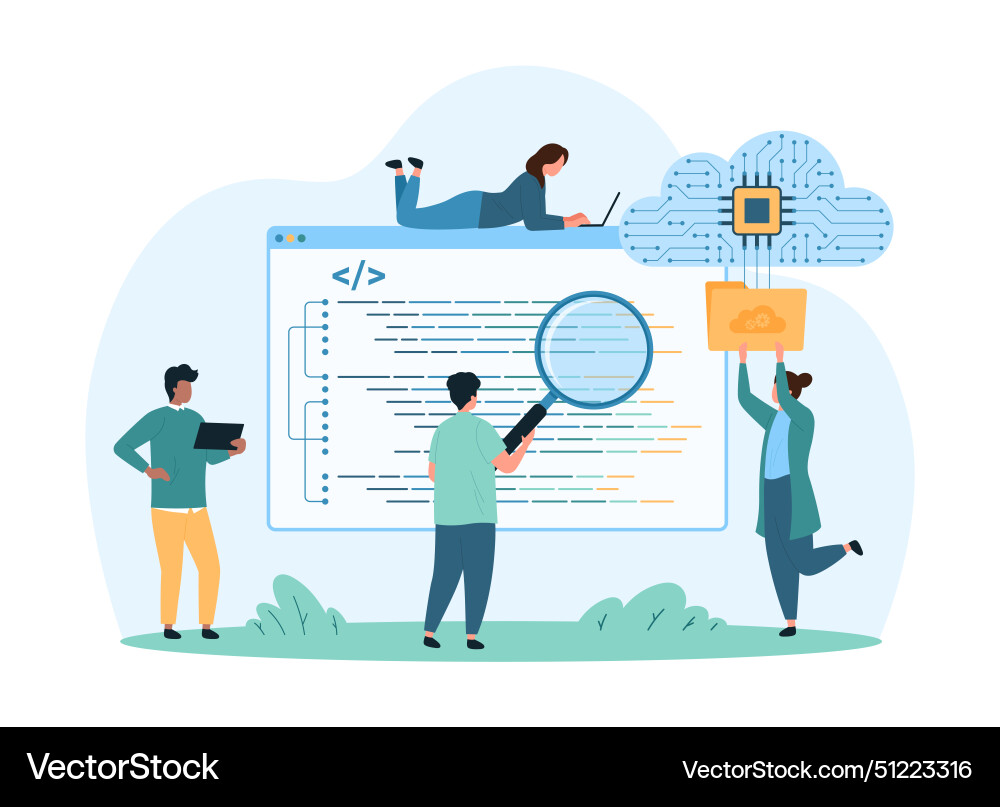 Coding with digital cloud platform tiny people Coding with digital cloud platform tiny people Vector Image