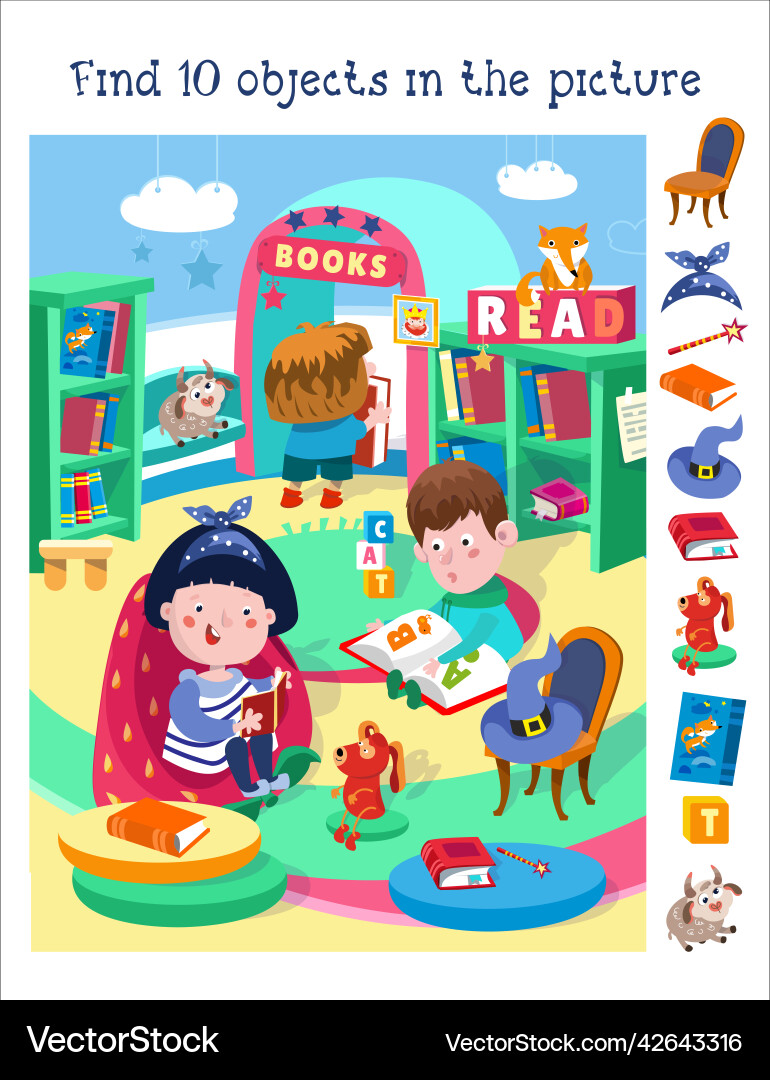 Find 10 hidden objects educational game Find 10 hidden objects educational game Vector Image