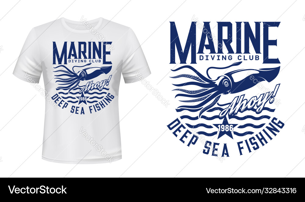 T-Shirt-Print mit Squid-Kalamary auf Wellen T-Shirt-Print mit Squid-Kalamary auf Wellen vektorbild