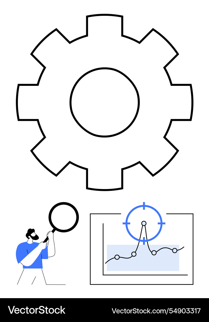 Gear with analyst observing line graph and target vector image