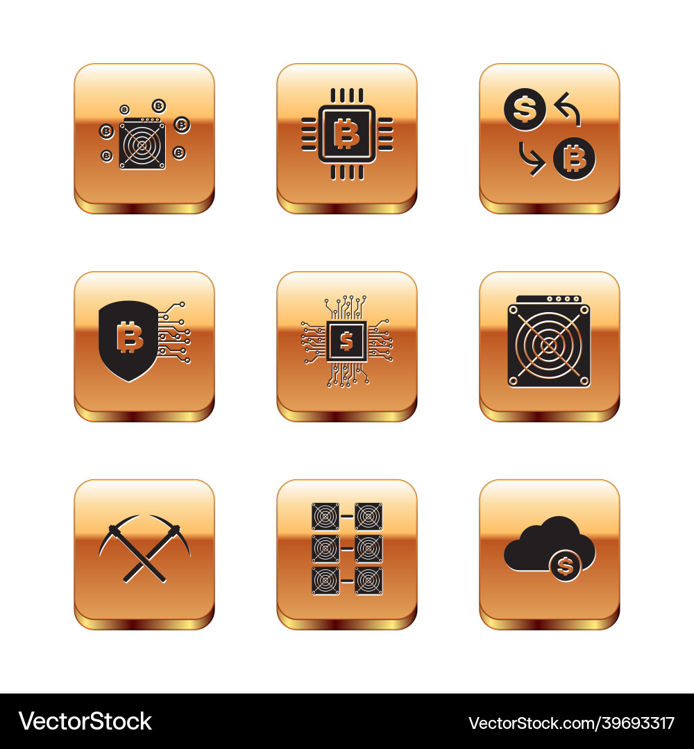 Set asic miner crossed pickaxe mining farm Set asic miner crossed pickaxe mining farm vector image