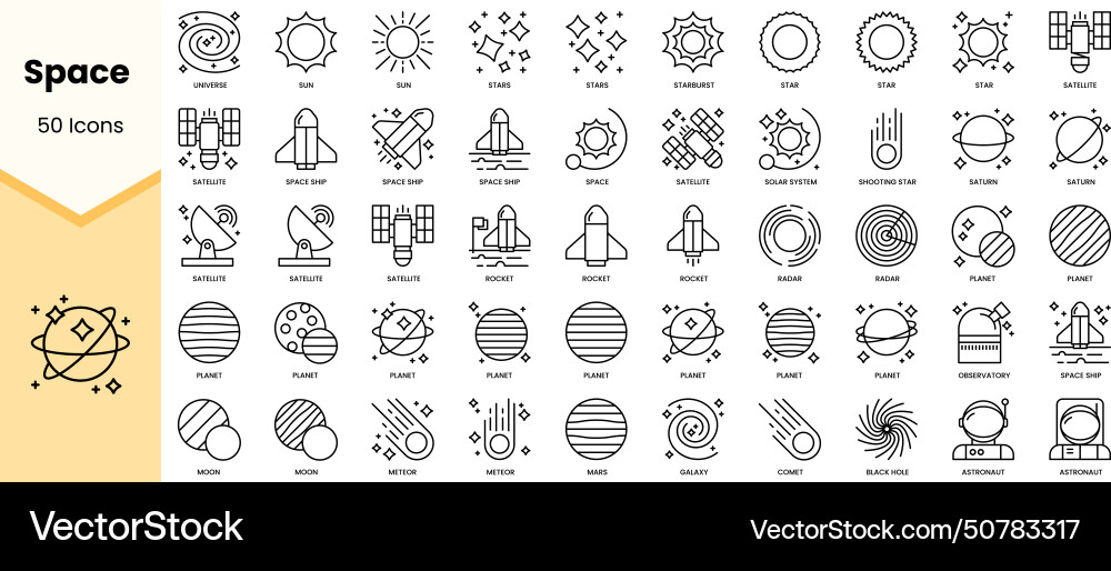 Set of space icons simple line art style Set of space icons simple line art style vector image