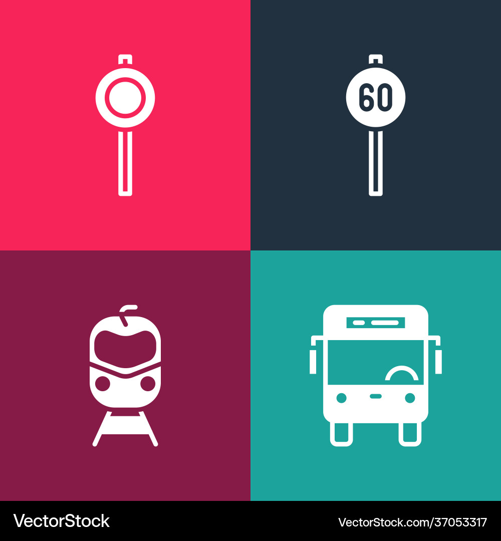 Set pop art bus train and railway speed limit Vector Image