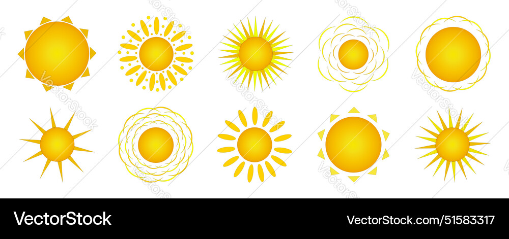 Sun with different variants of rays set Sun with different variants of rays set Vector Image