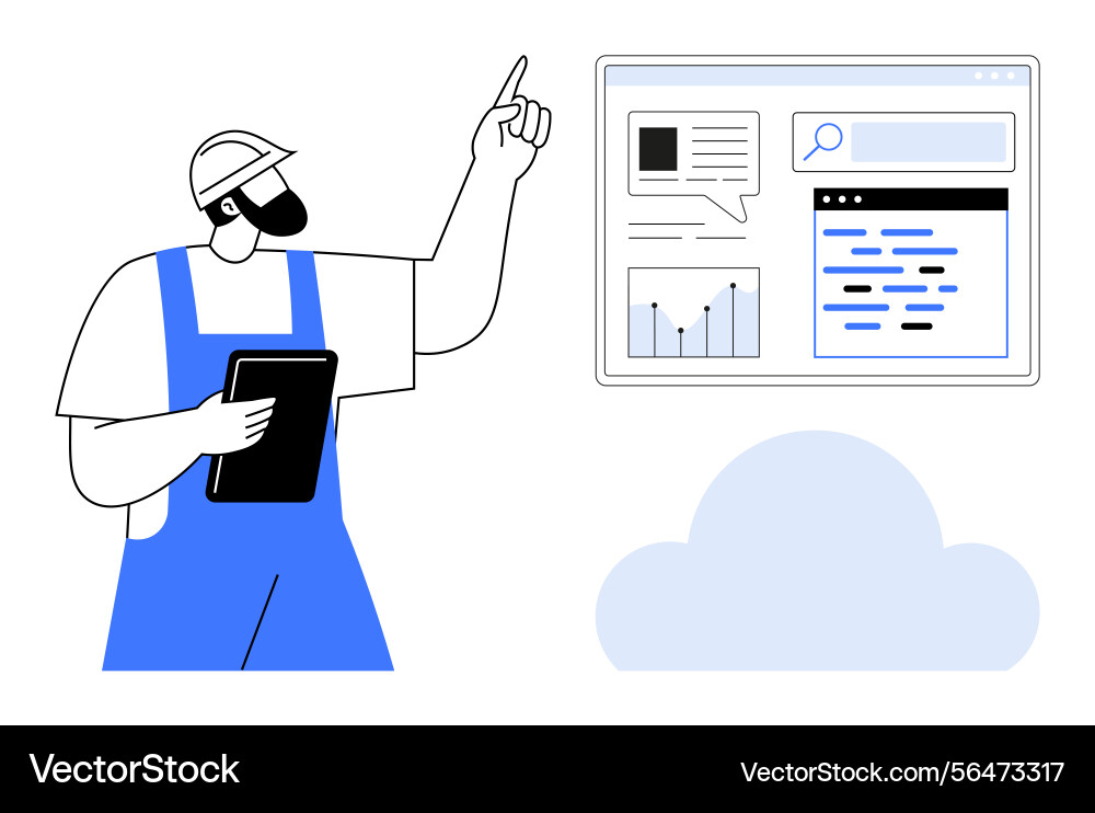 Technician with tablet analyzing data on digital Technician with tablet analyzing data on digital vector image