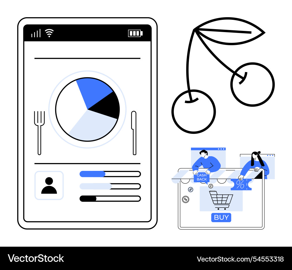Mobile app interface with pie chart and shopping Mobile app interface with pie chart and shopping vector image