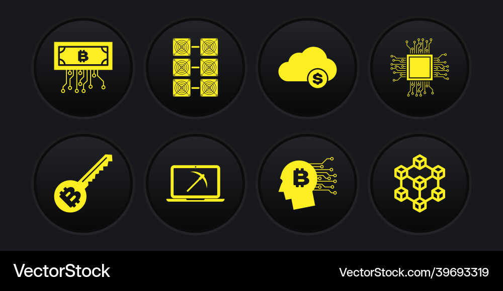 Set cryptocurrency key processor mining vector image