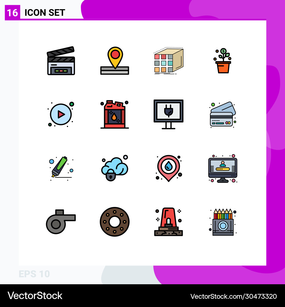 16 universal flat color filled lines set for web vector image