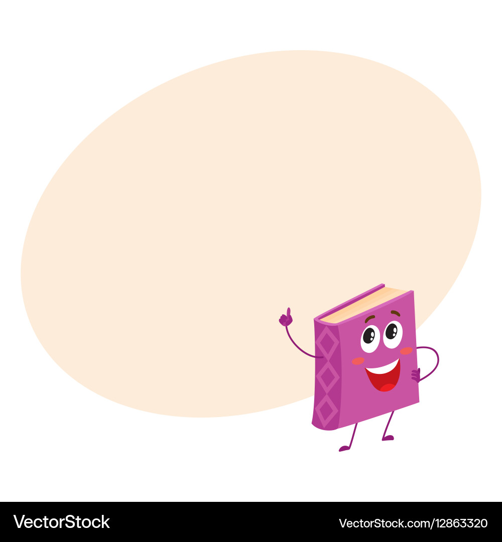Funny purple book character pointing up with index Vector Image
