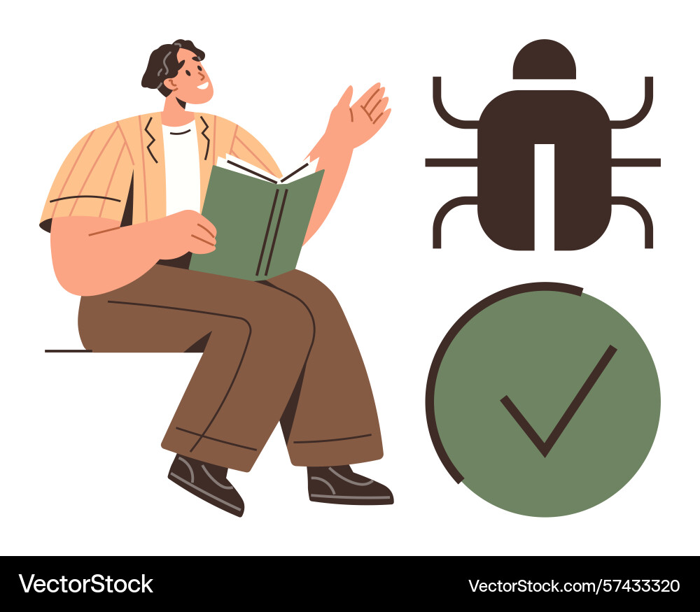 Person reading book with bug symbol and checkmark Person reading book with bug symbol and checkmark vector image