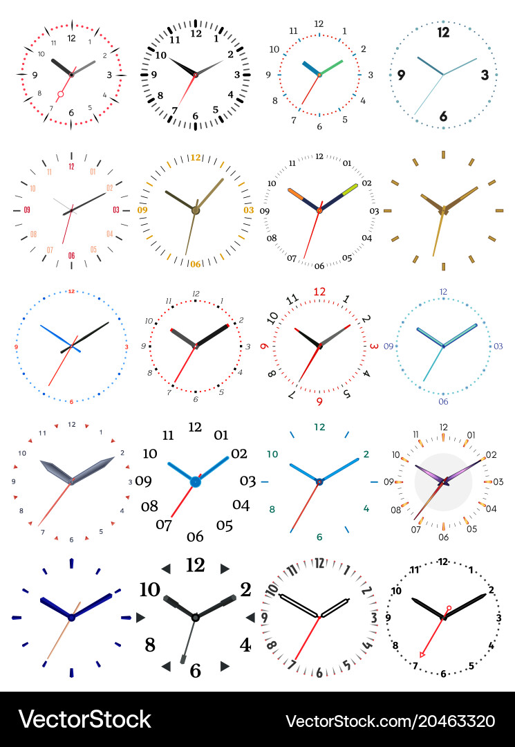Set of twenty mechanical clocks vector image