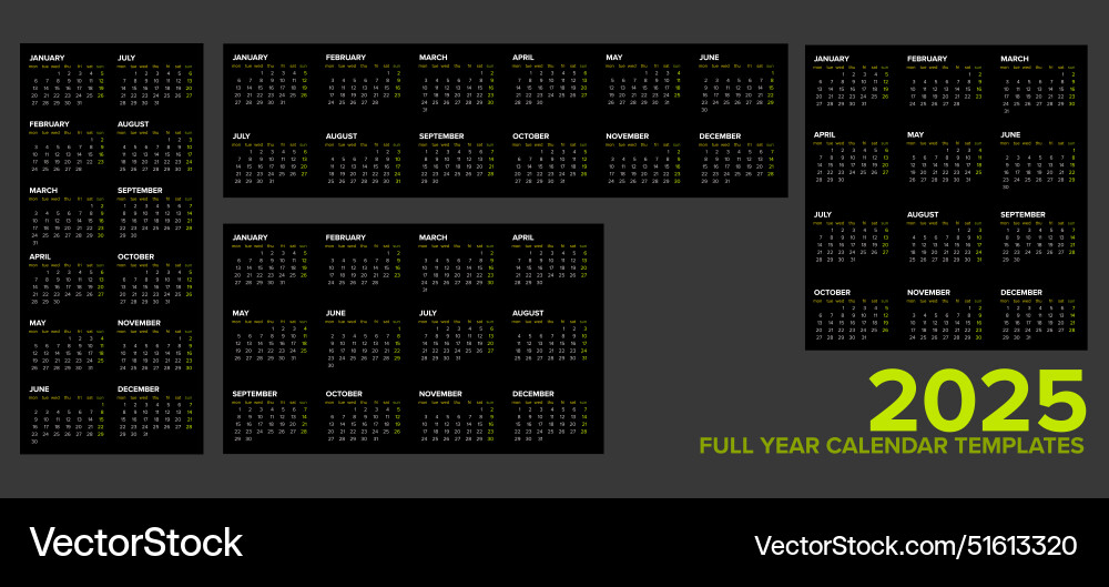 Vier verschiedene dunkle Layouts voller 2025 Kalender