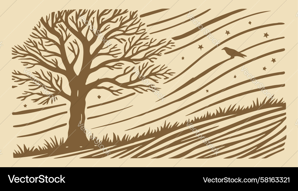 Gnarled Tree in Rolling Field Vector Image