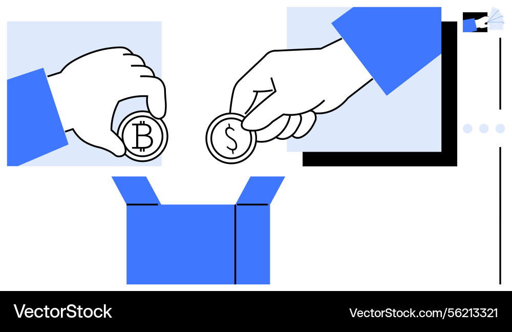 Hands placing bitcoin and dollar coins into box Hands placing bitcoin and dollar coins into box Vector Image