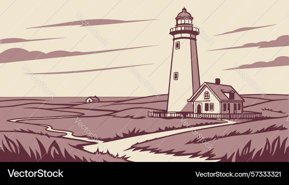 Lighthouse with distant bare trees tranquil Vector Image