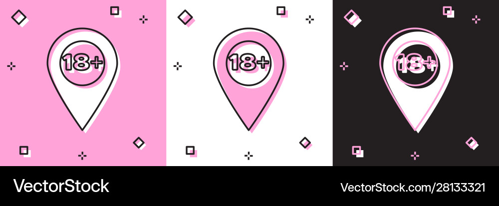 Set map pointer with 18 plus icon isolated on pink Set map pointer with 18 plus icon isolated on pink vector image