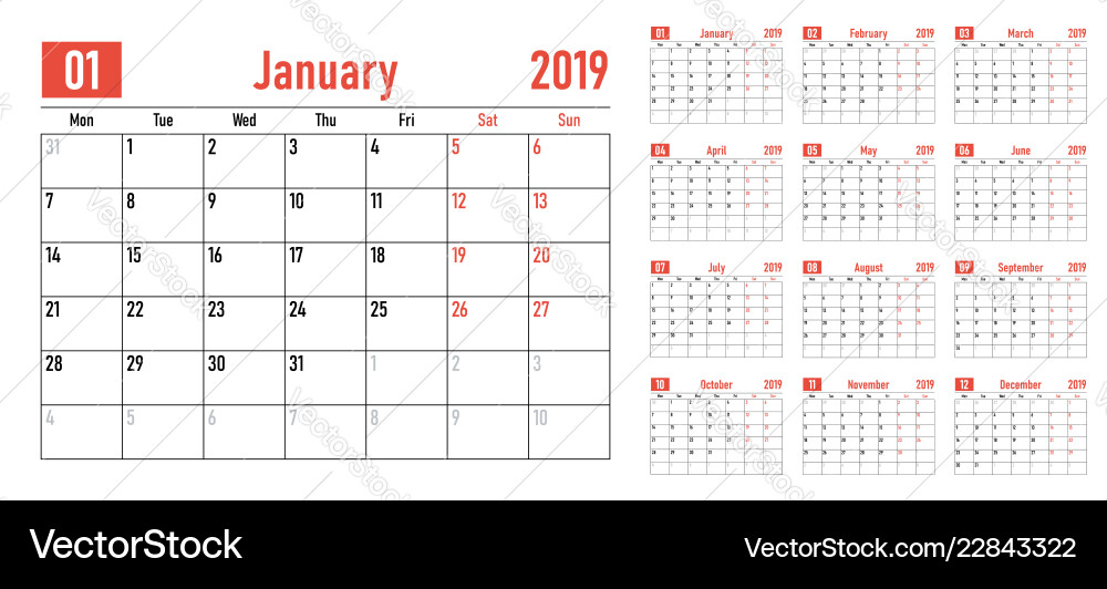 Calendar planner 2019 template Calendar planner 2019 template vector image