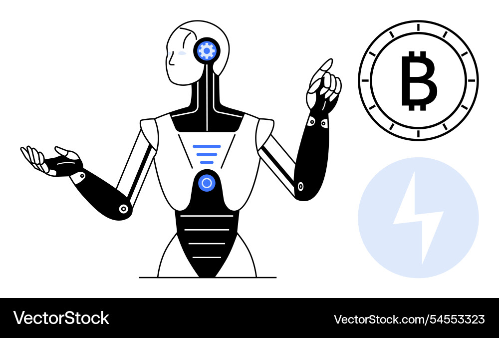 Futuristic robot gesturing with bitcoin symbol Futuristic robot gesturing with bitcoin symbol vector image