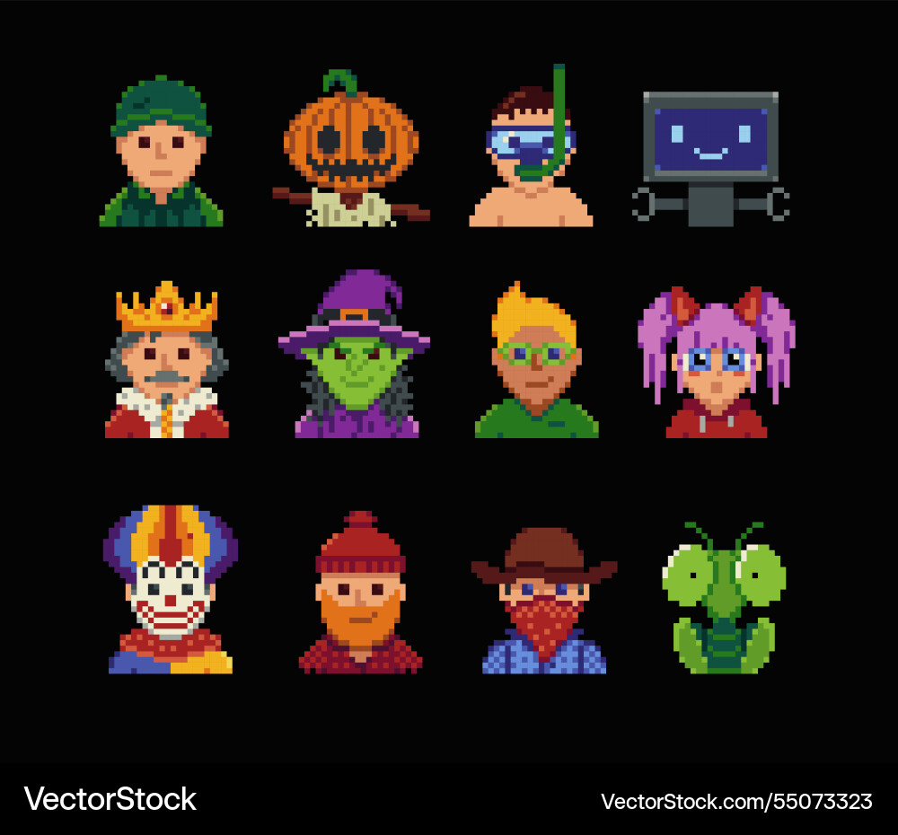 Pixel art characters set of the 8-bit avatar vector image