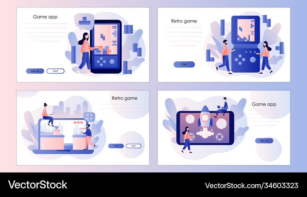 Retro game app tiny people playing video Retro game app tiny people playing video Vector Image