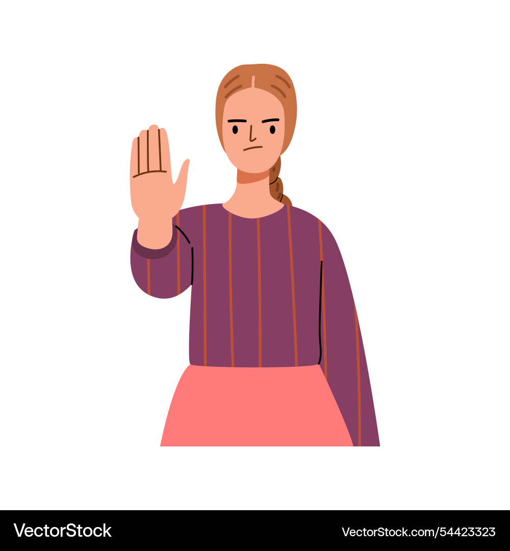 Young woman showing palm as stop sign stay hold Young woman showing palm as stop sign stay hold vector image