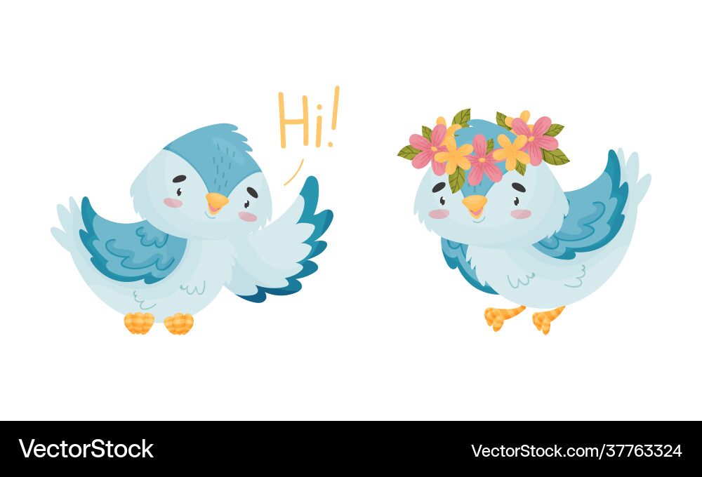 Cute blue bird greeting and wearing floral wreath Cute blue bird greeting and wearing floral wreath vector image