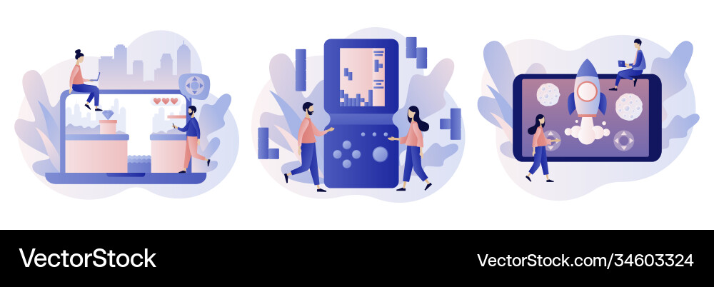 Retro game app tiny people playing video Vector Image