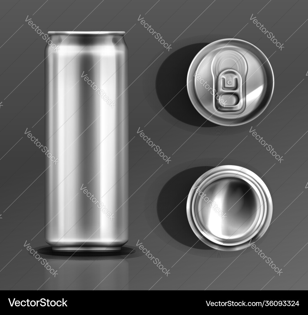 Silver Tin Can with Open Lid - Front, Top, Bottom Vector Image