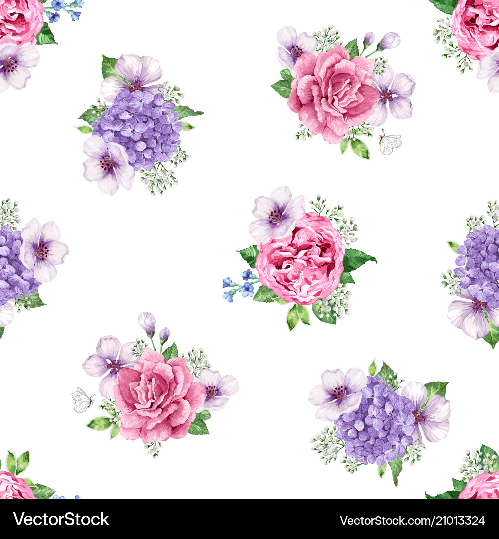 Watercolor Floral Pattern - Roses & Hydrangeas vector image