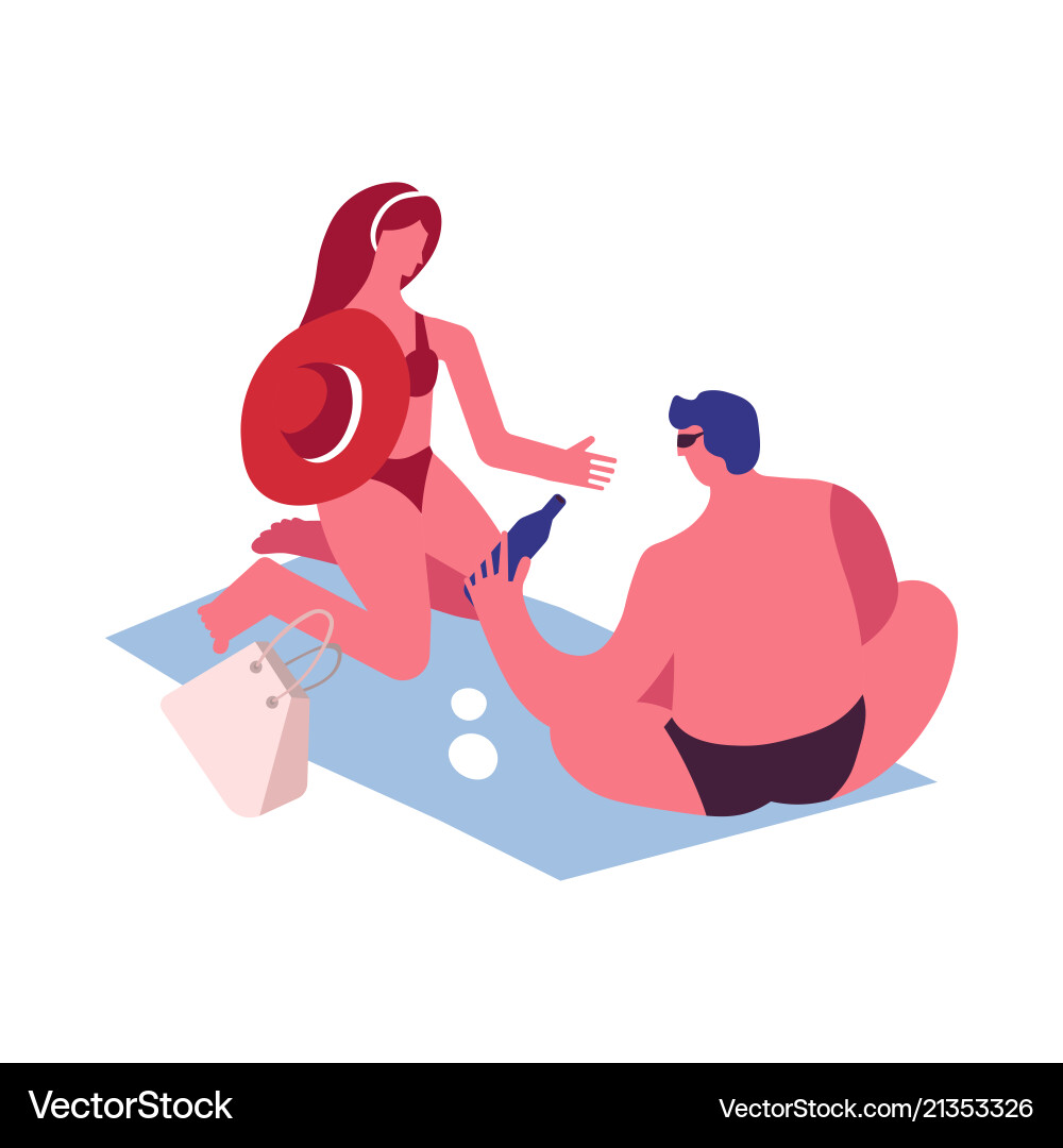 Couple in swimwear on blanket with bag and beer vector image