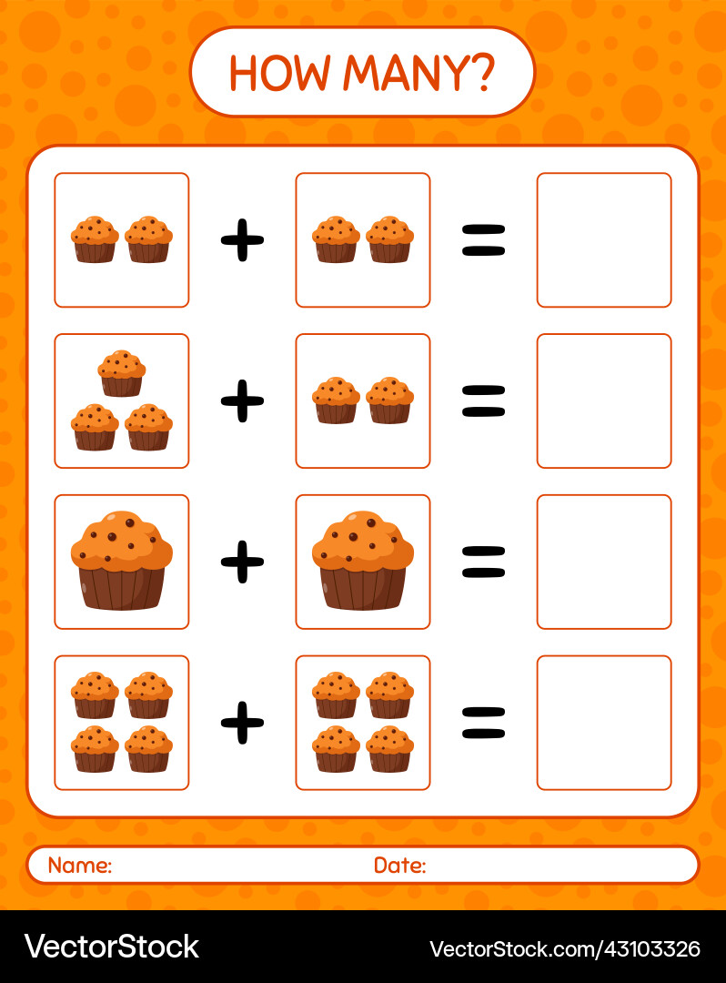 How many counting game with cupcake worksheet How many counting game with cupcake worksheet vector image