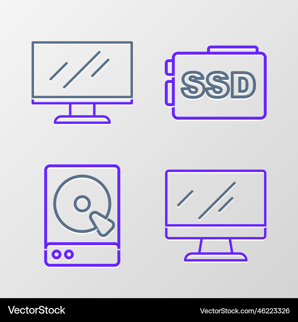 Set line computer monitor screen hard disk drive Set line computer monitor screen hard disk drive vector image