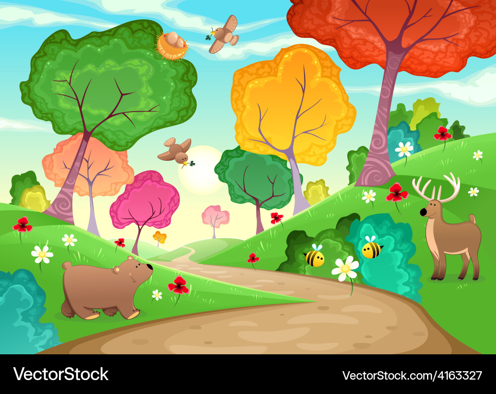 Cartoon Tiere in einer Holzszene vektorbild