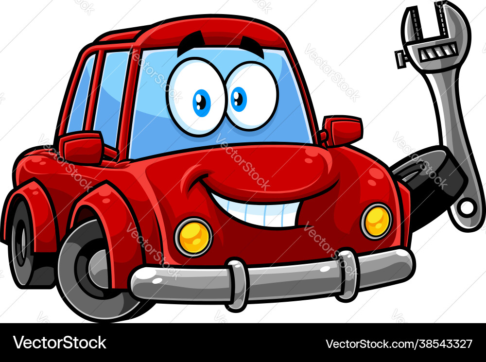 Cute red car cartoon character holding up a wrench Cute red car cartoon character holding up a wrench vector image