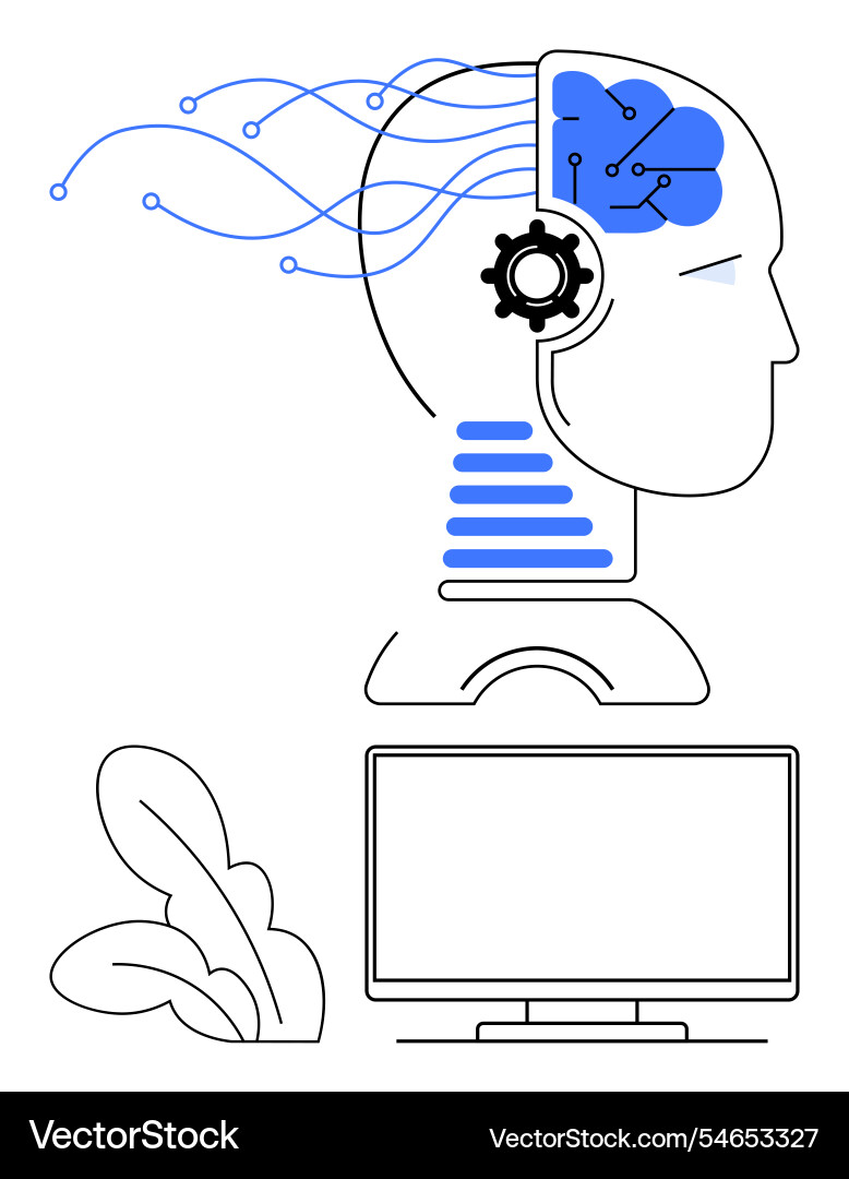 Human head with brain network next to computer Human head with brain network next to computer vector image