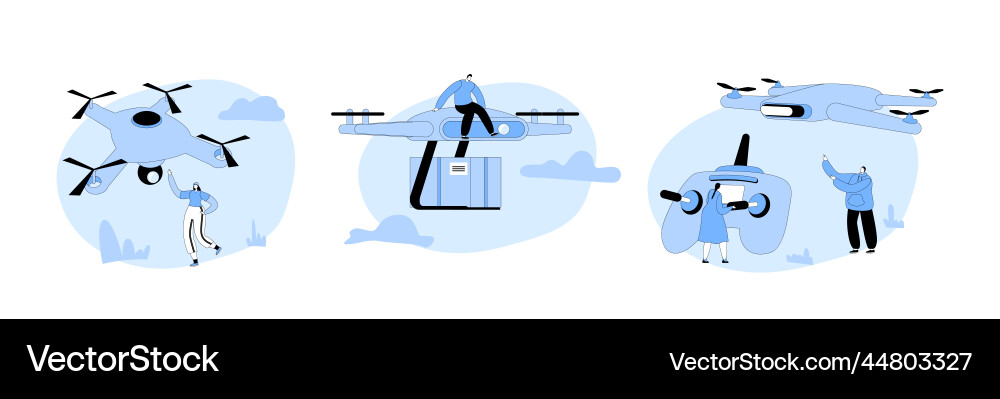 Set people playing and using drones for post mail Set people playing and using drones for post mail vector image