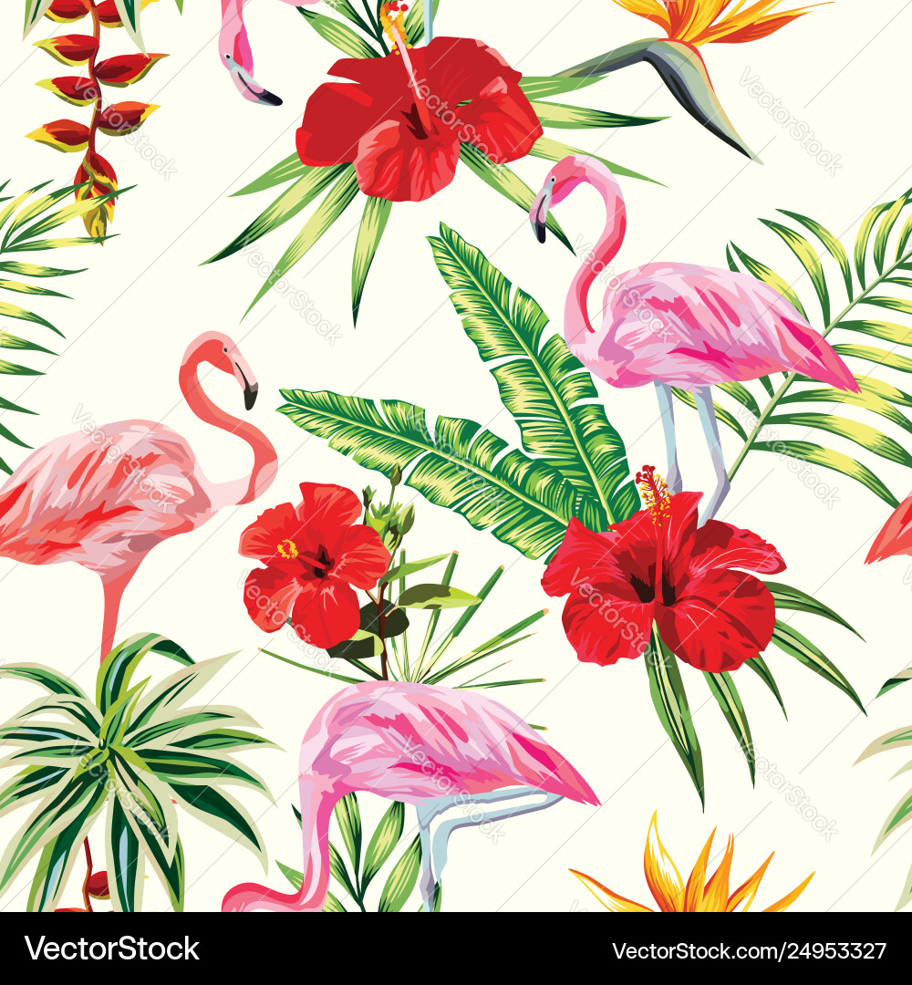 Tropical composition flamingo flowers and plants Tropical composition flamingo flowers and plants vector image