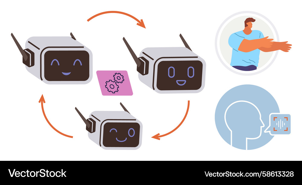 AI Robots: Data Exchange & Analysis Vector Image
