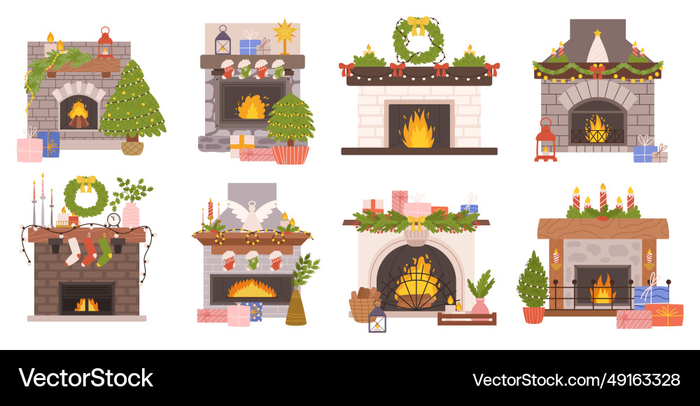 Set of christmas fireplaces adorned with festive Set of christmas fireplaces adorned with festive vector image