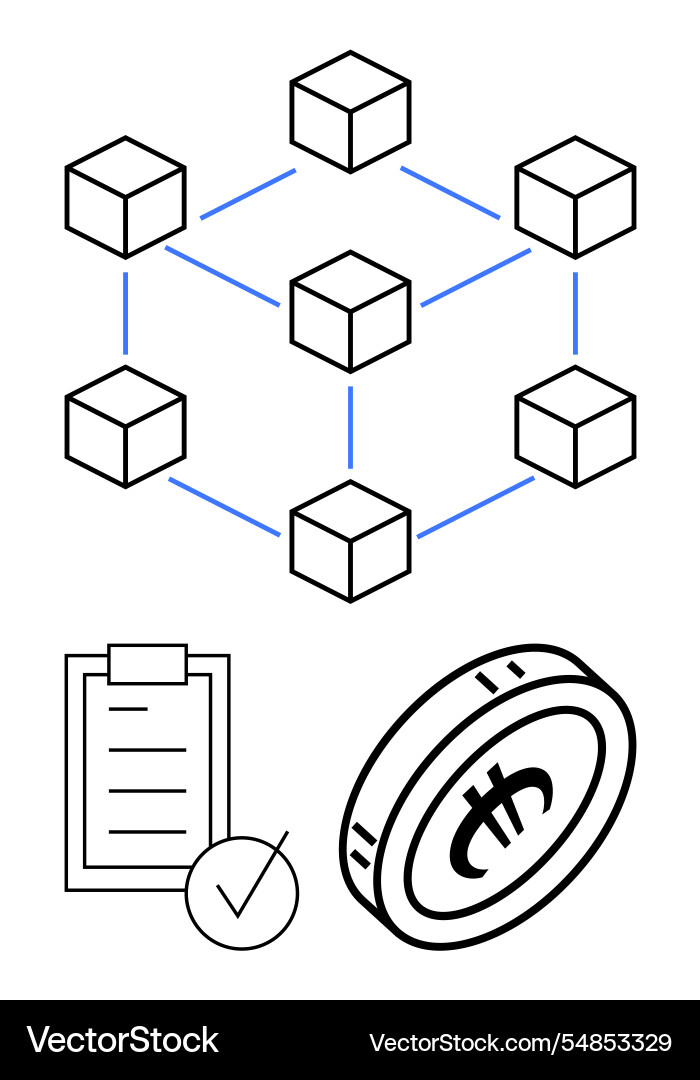 Blockchain network with linked cubes checklist Blockchain network with linked cubes checklist vector image