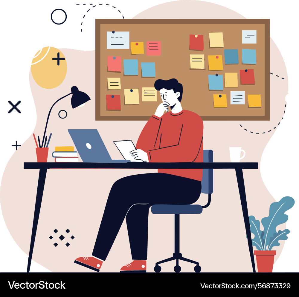 Man working at desk with laptop and notes Man working at desk with laptop and notes vector image