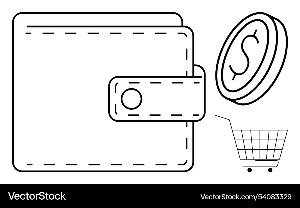 Minimalistic wallet with coin and shopping cart Minimalistic wallet with coin and shopping cart Vector Image