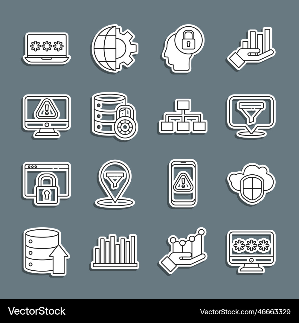 Set line monitor with password cloud and shield Set line monitor with password cloud and shield Vector Image