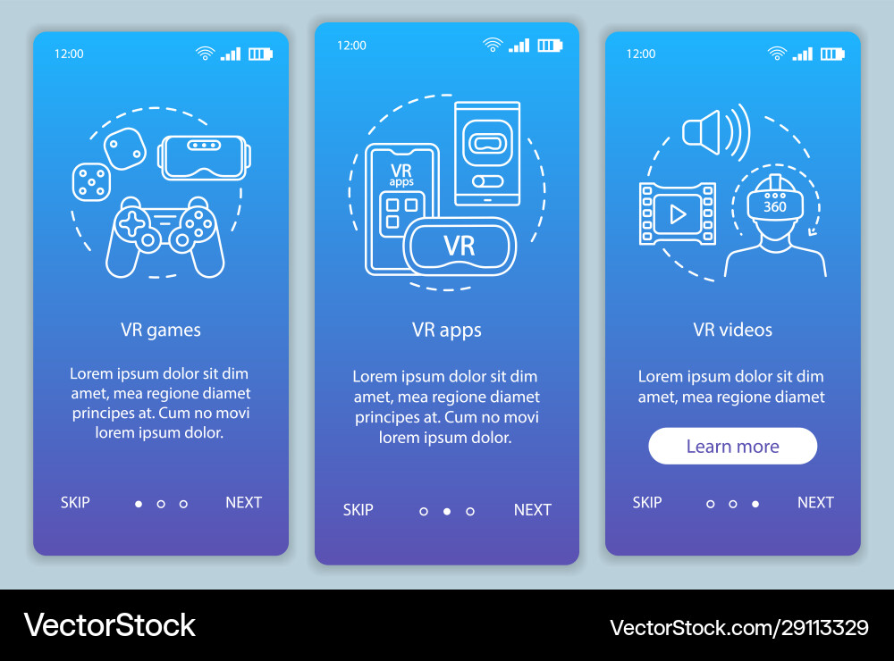 Virtual reality programs onboarding mobile app Virtual reality programs onboarding mobile app vector image