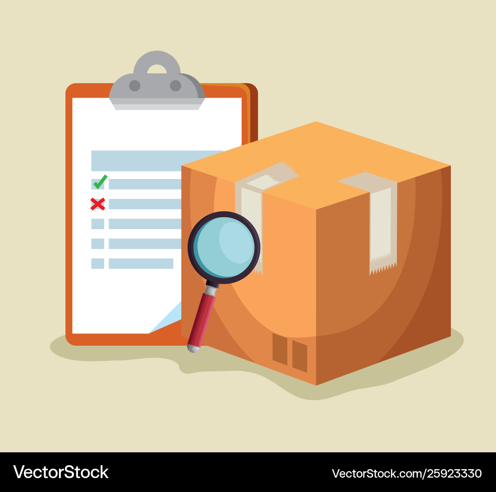 Check list with box package and magnifying glass Check list with box package and magnifying glass Vector Image