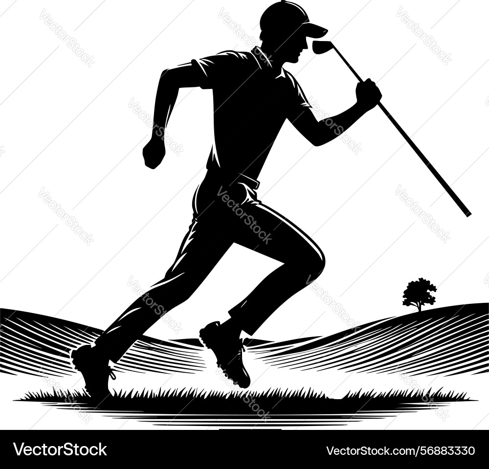 Dynamic golfer running on the course a black Dynamic golfer running on the course a black Vector Image