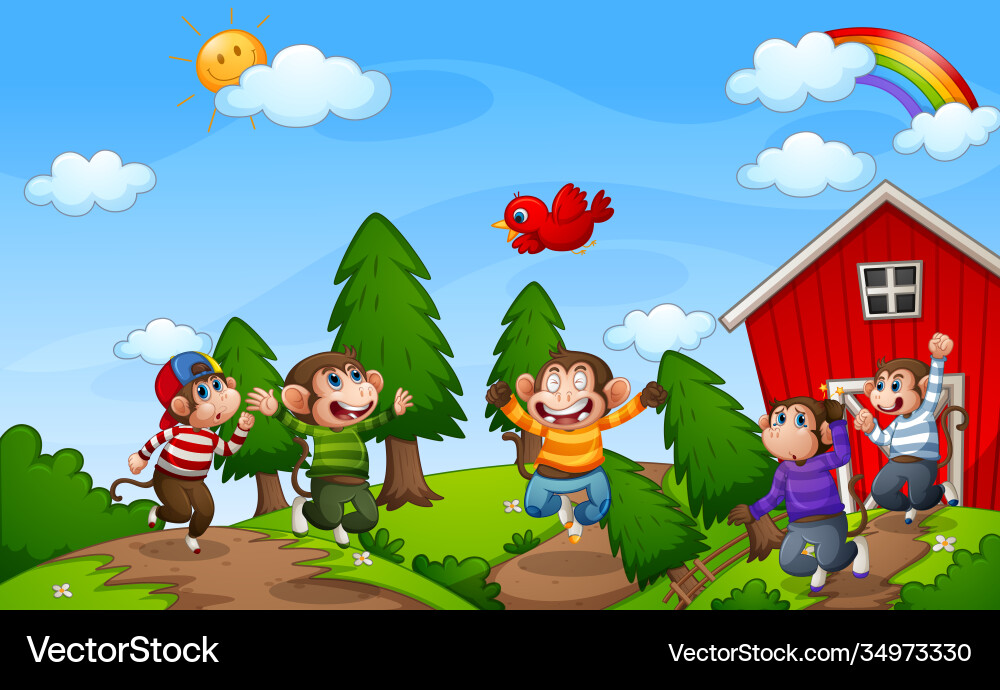 Five little monkeys jumping in farm Vector Image